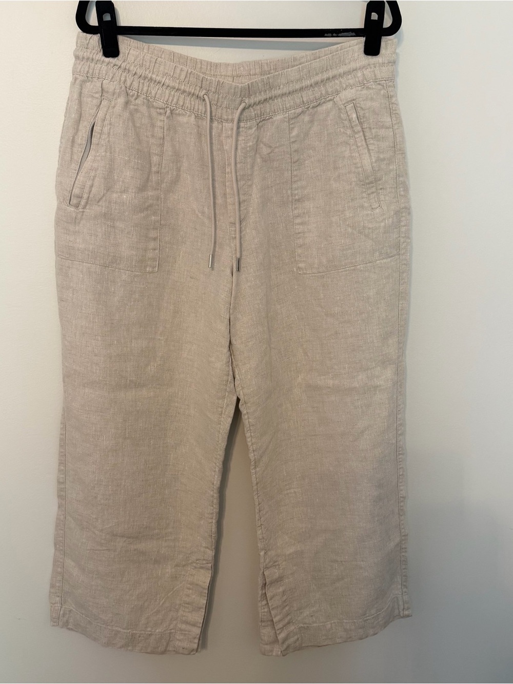 Athleta 100% Linen Wide Leg Crop Pants Oatmeal Beige Drawstring‎ Large Petite